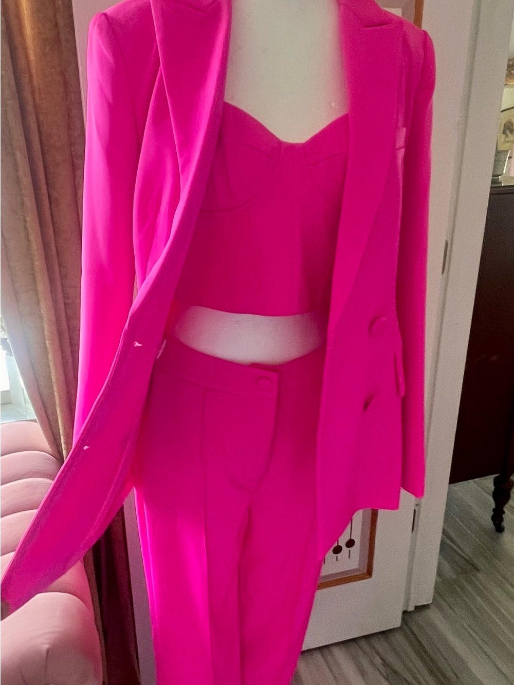 Hot Pink Three-Piece Suit Set - Blazer, Bustier, Trousers